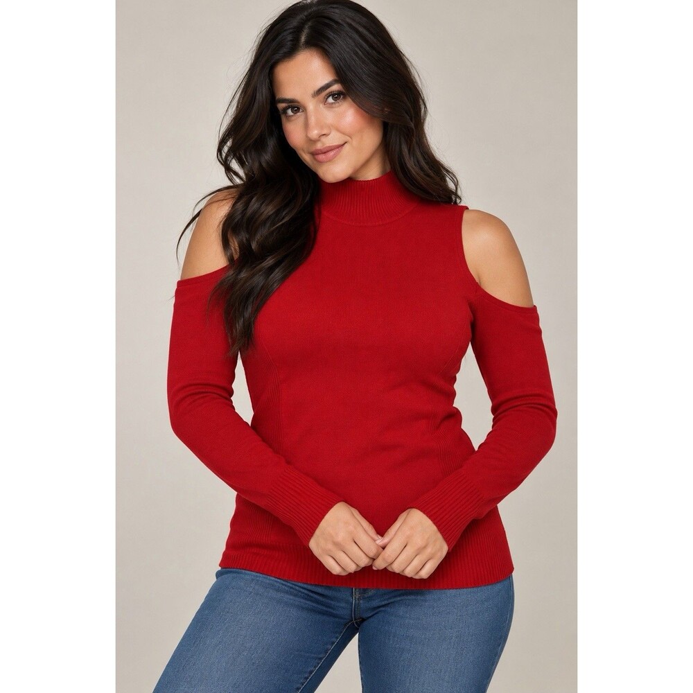 Cache Women's Large Red Cold Shoulder Mock Neck Knit Sweater Top